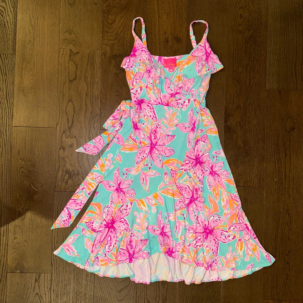 Lilly Pulitzer Fontaine Wrap Dress L Surf Blue Bonita Blooms High-Low Ruffles